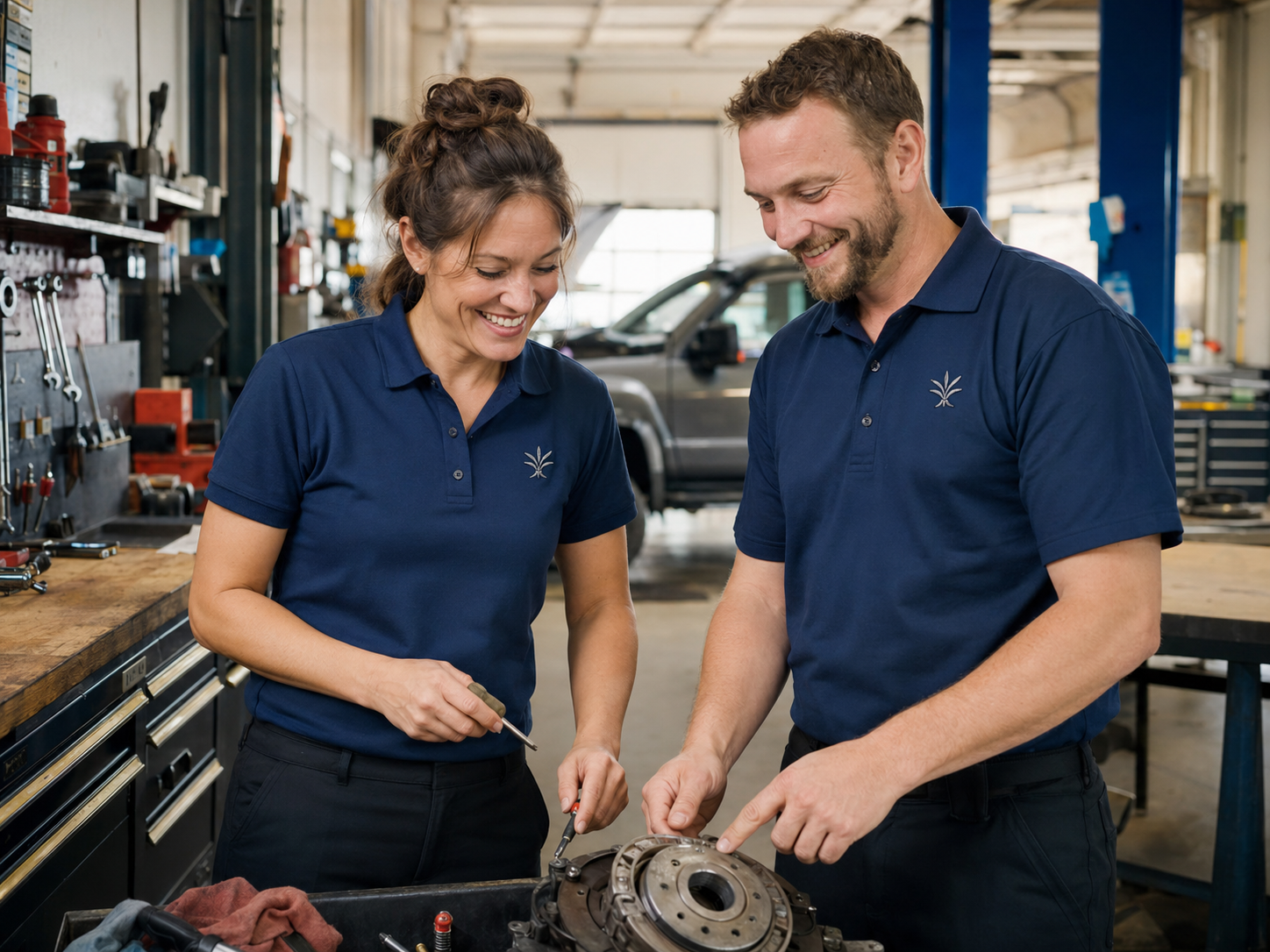 Service employees wearing matching embroidered company polos